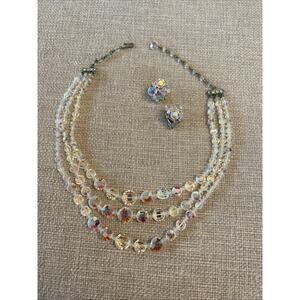 Vintage 50s Aurora Borealis Crystal Glass Bead Set Necklace Clip On Earrings